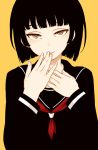  1girl black_hair bob_cut brown_eyes covering_mouth hand_over_own_mouth hands haruhito_(divineshalt) looking_at_viewer original school_uniform serafuku short_hair simple_background smile solo 