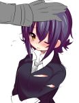  1girl blush eyepatch eyepatch_removed fang haruta_(806060) kantai_collection no_headwear open_mouth patting_head personification purple_hair short_hair sketch solo_focus sweatdrop tears tenryuu_(kantai_collection) torn_clothes wink yellow_eyes 
