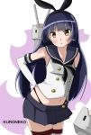  1girl :3 black_hair brown_eyes character_name cosplay crossover elbow_gloves gloves gokou_ruri highres kantai_collection long_hair looking_at_viewer microskirt ore_no_imouto_ga_konna_ni_kawaii_wake_ga_nai parody personification pleated_skirt rasis_kobato rensouhou-chan school_uniform serafuku shimakaze_(kantai_collection) shimakaze_(kantai_collection)_(cosplay) skirt striped striped_legwear thighhighs white_gloves zettai_ryouiki ||_|| 