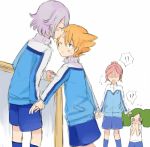  !! !? 2boys 2girls barufoa blush closed_eyes faceless glasses green_eyes green_hair inazuma_eleven_(series) inazuma_eleven_go inazuma_eleven_go_galaxy manabe_jin&#039;ichirou minaho_kazuto morimura_konoha multiple_boys multiple_girls nozaki_sakura orange_hair pink_hair purple_hair shinsei_inazuma_japan track_jacket wink 