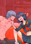  1boy 1girl akutaa angry aviator_glasses black_hair blue_hair blush grin kill_la_kill matoi_ryuuko midriff mikisugi_aikurou school_uniform senketsu serafuku shirtless skirt smile 