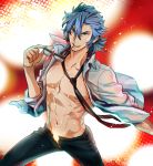  1boy blue_eyes blue_hair dsl_(gds7) kill_la_kill male mikisugi_aikurou muscle necktie open_clothes open_shirt solo sunglasses_removed wet 