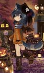  1girl :p animal_ears bat_wings black_eyes black_hair blush boots candy cat_ears cat_tail halloween jack-o&#039;-lantern lollipop long_sleeves looking_at_viewer looking_back original paprika_shikiso ribbed_sweater short_hair single_thighhigh solo striped striped_legwear sweater sweater_dress tail thigh-highs tongue wings 