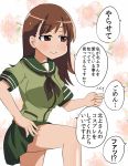  /\/\/\ 1girl brown_eyes brown_hair floral_background grin hand_gesture hand_on_hip kantai_collection long_hair masara neckerchief ooi_(kantai_collection) school_uniform serafuku skirt smile solo translation_request 