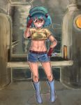  1girl belt blue_eyes blue_hair boots dirty glasses gloves grin hair_bobbles hair_ornament hand_on_hip hat kawashiro_nitori midriff mirino short_hair short_twintails shorts smile solo touhou twintails wrench 