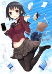  1girl bag black_hair black_legwear blush bottle cellphone eraser glasses loafers long_sleeves looking_at_viewer navel notebook orange_eyes original pantyhose phone protractor school_bag school_uniform serafuku shoes short_hair skirt smile solo water_bottle yatsu_(sasuraino) 