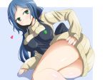  1girl apron blue_background blue_hair breasts deego_(omochi_bazooka) green_eyes gundam gundam_build_fighters haro_button_badge iori_rinko long_hair lying on_side ribbed_sweater simple_background solo sweater thighs turtleneck very_long_hair 