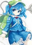  1girl backpack bag blue_eyes blue_hair blush gatakigi_gama hair_bobbles hair_ornament hat kawashiro_nitori key long_sleeves mechanical_arms short_hair simple_background skirt skirt_set smile solo touhou twintails 