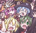  &gt;_&lt; 4girls :d ^_^ ^o^ alternate_costume antennae blonde_hair blue_hair broom cirno closed_eyes devil_horns fang green_eyes green_hair hair_ribbon halloween hat multiple_girls mystia_lorelei open_mouth pink_hair polearm pumpkin_hat ribbon rumia short_hair smile takanoru team_9 touhou trident violet_eyes weapon witch_hat wriggle_nightbug 