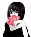  1girl black_hair black_shirt card collarbone covering_mouth frown holding holding_card monochrome original playing_card poaro solo spot_color upper_body v-neck white_background white_skin 
