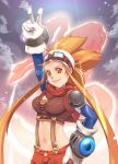  1girl arm_above_head backpack bag bandana breasts cryamore cryamore_condenser detached_sleeves esmyrelda_maximus freckles gloves goggles goggles_on_head hand_on_hip lips long_hair midriff neckerchief night night_sky official_art orange_eyes orange_hair pauldrons payot shorts sky smile solo spiky_hair suspenders tenpoundpixel v white_gloves 