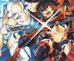  battle breasts cleavage_cutout geetgeet highres junketsu kill_la_kill kiryuuin_satsuki lens_flare living_clothes matoi_ryuuko senketsu sword thighhighs underboob weapon 