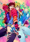  111132daiti 2boys blonde_hair bloody_stream blue_eyes blue_jacket bola_(weapon) brown_hair bubble caesar_anthonio_zeppeli facial_mark feathers fingerless_gloves gloves green_eyes hair_feathers headband jacket jojo_no_kimyou_na_bouken joseph_joestar_(young) multiple_boys red_jacket torn_clothes torn_pants v wink 