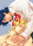  2boys aqua_eyes blonde_hair blue_eyes blue_hair dio_brando hashiranai_(permanent9) jojo_no_kimyou_na_bouken jonathan_joestar multiple_boys ribbon shirtless sleeping 