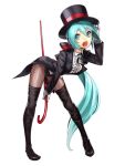  1girl aqua_eyes aqua_hair boots cane fishnet_pantyhose fishnets gloves hat hatsune_miku leaning_forward long_hair nakasaki_hydra open_mouth pantyhose solo thigh_boots thighhighs top_hat very_long_hair vocaloid white_background 