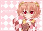  (9) 1girl adjusting_glasses argyle argyle_background bell bust character_name checkered_shirt copyright_name glasses jingle_bell kagerou_(kers) motoori_kosuzu pink_eyes pink_hair short_hair smile solo touhou two_side_up yellow-framed_glasses 