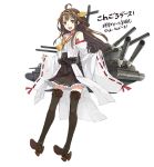  1girl ahoge blush boots brown_hair detached_sleeves double_bun hairband hao_(patinnko) japanese_clothes kantai_collection kongou_(kantai_collection) long_hair long_sleeves open_mouth personification simple_background skirt smile solo thigh_boots thighhighs translated violet_eyes white_background wide_sleeves 