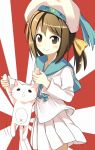  1girl brown_eyes brown_hair cat girl_holding_a_cat_(kantai_collection) hat kantai_collection long_hair low_twintails open_mouth rising_sun skirt smile solo twintails 