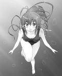  1girl ahoge highres i-168_(kantai_collection) kantai_collection long_hair monochrome personification ponytail school_swimsuit solo swimsuit underwater yuuki_kazuhito 