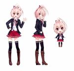  1girl ahoge black_legwear blush boots chibi cross-laced_footwear full_body hand_on_hip highres lace-up_boots looking_at_viewer mushroom_(artist) open_mouth original pink_eyes pleated_skirt ribbon short_hair simple_background skirt solo thighhighs waving white_background 
