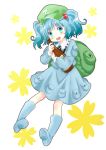  1girl backpack bag blue_eyes blue_hair blush boots bottle hair_bobbles hair_ornament hat highres kawashiro_nitori komiru open_mouth pocket rubber_boots short_hair short_sleeves short_twintails simple_background skirt skirt_set smile solo touhou twintails 