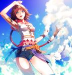  1girl ai_(warekaku) arm_up armpits belt blue_eyes breasts brown_hair clouds final_fantasy final_fantasy_x final_fantasy_x-2 flipped_hair green_eyes heterochromia long_hair short_shorts shorts sky smile solo water yuna 