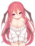  1girl bare_shoulders bat_wings blush breasts cleavage head_wings koakuma kuresento leaning_forward long_hair long_sleeves red_eyes redhead ribbed_sweater smile solo sweater touhou white_background wings 