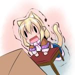  1girl animal_ears blonde_hair chibi hoshizuki_(seigetsu) kemonomimi_mode leaning_forward minigirl mizuhashi_parsee open_mouth puru-see solo table tail touhou 