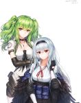  2girls absurdres angs baek_hyang bangs black_gloves black_hairband black_jacket black_neckwear black_shorts black_skirt blush breasts camouflage_print character_name choker closed_mouth collarbone collared_shirt dated elbow_gloves feather-trimmed_jacket girls_frontline gloves green_hair hair_between_eyes hairband hand_on_another&#039;s_shoulder hand_up head_tilt highres jacket jewelry long_hair long_sleeves looking_at_viewer m950a_(girls_frontline) medium_breasts multiple_girls neck_ribbon neck_scar neckerchief necklace off_shoulder pouch red_eyes red_ribbon ribbon shirt shorts sidelocks sitting skirt smile thighs thunder_(girls_frontline) twintails white_background yellow_eyes 