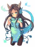  1girl animal_ears blue_eyes brown_hair china_dress chinese_clothes female horns karin_(p&amp;d) looking_at_viewer pantyhose puzzle_&amp;_dragons smirk solo tail yoo_(tabi_no_shiori) 
