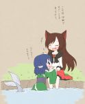  2girls animal_ears arinu blue_eyes blue_hair brown_hair closed_eyes drill_hair fang feet_in_water fingernails fish_tail head_fins holding_hands imaizumi_kagerou long_fingernails mermaid monster_girl multiple_girls open_mouth sitting soaking_feet touhou translated wakasagihime water werewolf wide_sleeves wolf_ears 