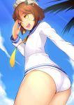  1girl blush brown_eyes brown_hair clouds condensation_trail dean highres kantai_collection looking_at_viewer panties personification salute school_uniform serafuku short_hair sky smile solo underwear white_panties yukikaze_(kantai_collection) 