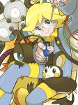  1boy backpack bag blonde_hair blue_eyes cable citron_(pokemon) creature emolga floating glasses heliolisk jumpsuit looking_at_viewer magnet magneton pokemon pokemon_(creature) pokemon_(game) pokemon_xy round_glasses screwdriver smile temk wire 