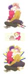  blonde_hair caesar_anthonio_zeppeli chinese_clothes cosplay facial_mark feathers genderswap hair_feathers headband highres jojo_no_kimyou_na_bouken joseph_joestar_(young) noir39 parody purple_hair ranma-chan ranma-chan_(cosplay) ranma_1/2 saotome_ranma saotome_ranma_(cosplay) shaded_face suzi_quatro teapot torn_clothes torn_shirt undersized_clothes 