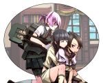  3girls bangs black_hair blue_eyes blunt_bangs braid brown_eyes brown_hair hand_on_another&#039;s_shoulder hug hug_from_behind kantai_collection kitakami_(kantai_collection) multiple_girls personification pink_hair pleated_skirt school_uniform serafuku shaded_face shikinami_(kantai_collection) shiranui_(kantai_collection) short_hair short_ponytail single_braid skirt 