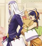  2boys bag black_hair grocery_bag hat headband jojo_no_kimyou_na_bouken kanikame long_hair multiple_boys narancia_ghirga shopping_bag violet_eyes white_hair 