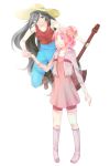  2girls adventure_time black_hair boots dress floating guitar hair_up hat highres holding_hands instrument long_hair marceline_abadeer multiple_girls pansy_suki pink_dress pink_hair princess_bonnibel_bubblegum short_dress standing very_long_hair white_background 