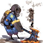  2boys axe gas_mask glasses gloves hat korean lowres multiple_boys sharpened_volcano_fragment sunglasses t8909 team_fortress_2 the_demoman the_pyro the_sniper translation_request weapon 