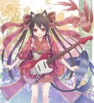  1girl animal_ears black_hair cat_ears fangs guitar highres hikariniji instrument japanese_clothes k-on! kimono long_hair nakano_azusa red_eyes ribbon twintails 