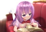  1girl blush book bow breasts cleavage couch down_blouse dress long_hair no_hat oukatihiro patchouli_knowledge purple_hair shoe_dangle smile socks solo touhou violet_eyes 
