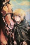  1boy animal armin_arlert bandages blonde_hair blue_eyes cape clouds faux_traditional_media horse jdjd0tmt looking_at_viewer male open_mouth shingeki_no_kyojin short_hair sky solo 
