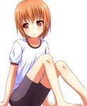  1girl blush gym_uniform highres kk-sk-ray looking_back original short_hair simple_background sitting solo white_background 