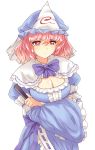  1girl blue_dress bow breasts capelet cleavage cleavage_cutout closed_fan crossed_arms dress fan folding_fan hat highres large_breasts long_sleeves pink_eyes pink_hair saigyouji_yuyuko simple_background solo touhou triangular_headpiece veil white_background wide_sleeves x&amp;x&amp;x 