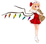  1girl blonde_hair bow doll_hug dress flandre_scarlet hat hat_bow highres koyashaka looking_at_viewer looking_back mob_cap puffy_sleeves red_dress red_eyes shirt short_sleeves side_ponytail simple_background solo stuffed_animal stuffed_toy teddy_bear touhou turning white_background wings 