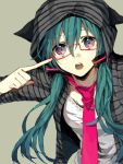  1girl animal_ears aqua_hair artist_request casual glasses gradient_eyes hatsune_miku hoodie multicolored_eyes nail_polish necktie open_mouth solo twintails vocaloid 