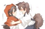  2girls akagi_(kantai_collection) animal_ears brown_hair japanese_clothes kaga_(kantai_collection) kantai_collection little_red_riding_hood little_red_riding_hood_(grimm) long_hair looking_at_another multiple_girls personification rebecca_(keinelove) side_ponytail skirt tail translated wolf_ears wolf_tail 