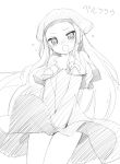  1girl blush character_request long_hair looking_at_viewer monochrome open_mouth peko simple_background sketch solo white_background 