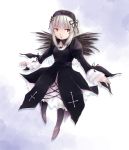  1girl black_dress black_feathers black_ribbon black_rose black_wings boots clouds cross dress flower frilly_shirt hairband heiya juliet_sleeves lace-trimmed_collar long_hair long_sleeves payot puffy_sleeves red_eyes ribbon rose rozen_maiden solo suigintou white_hair wings 