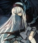  1girl creayus doll dress flower gothic_lolita hairband lolita_fashion long_hair looking_at_viewer rozen_maiden silver_hair solo suigintou violet_eyes wings 