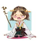  1girl bare_shoulders blush brown_hair chibi crying detached_sleeves double_bun furataso hair_ornament hairband headgear hiei_(kantai_collection) japanese_clothes kantai_collection personification skirt solo wide_sleeves 